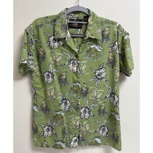 Jimmy Buffett Margaritaville Mens Hawaiian Shirt Green Parrot Print Size M